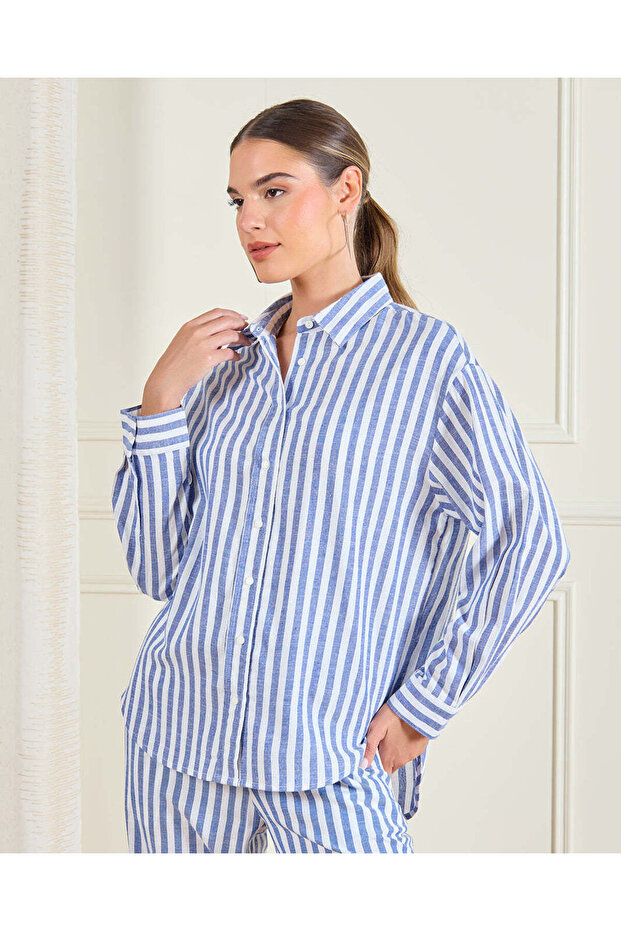 Women Blue Striped Button Down Shirt
