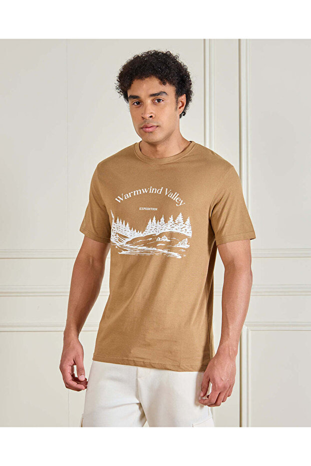 Men Beige Basic Graphic T-Shirt - 1