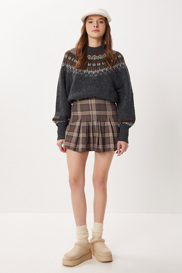 Checkered Pleated Mini Woven Skirt Ldn0001 Brown
