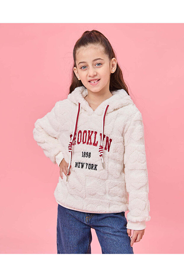 Girls White Embroidered Hooded Sweatshirt