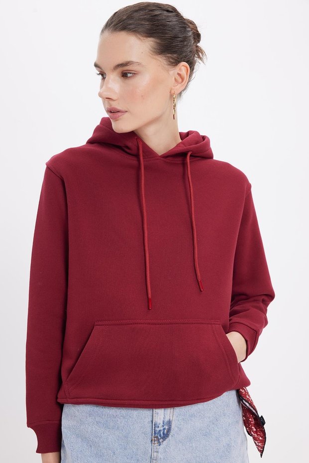 Women's Relax Fit Comfortable Cut Cotton Hooded Kangaroo Pocket Burgundy Sweatshirt