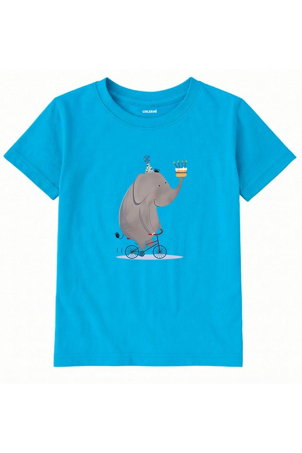 Cotton Fabric Children's T-Shirt – Bicycle Elephant and Cake Printed T-Shirt