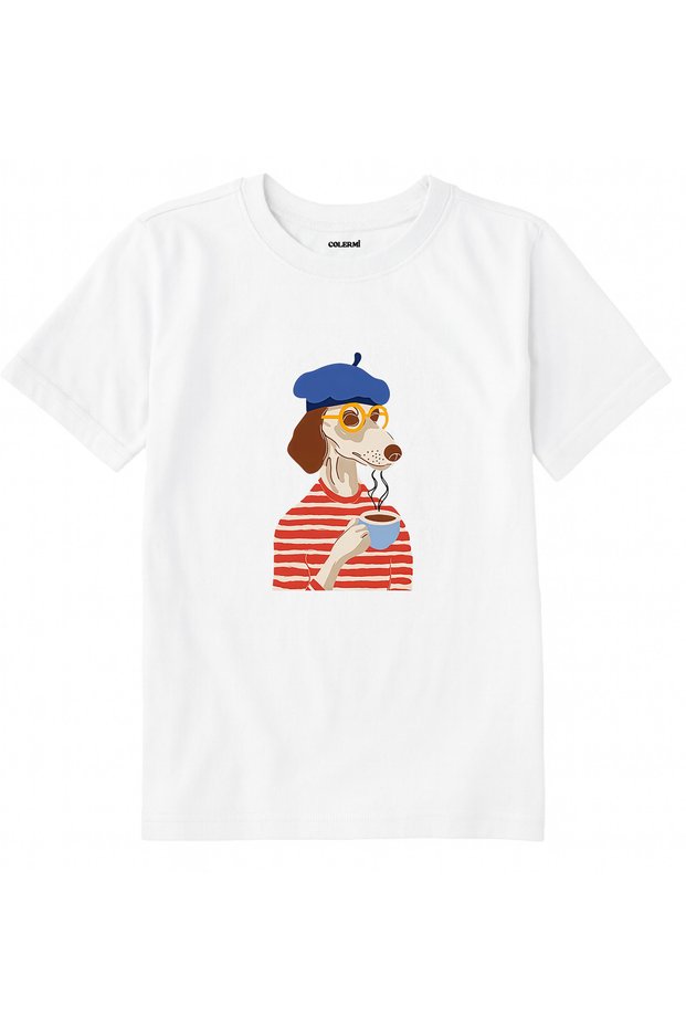 Cotton Fabric Children's T-Shirt β Dog Drinking Coffee in Beret Printed