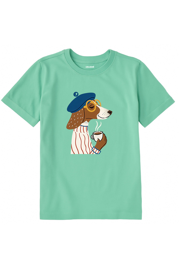 Cotton Fabric Children's T-Shirt β Dog in a Beret Drinking Coffee B Printed T-Shirt