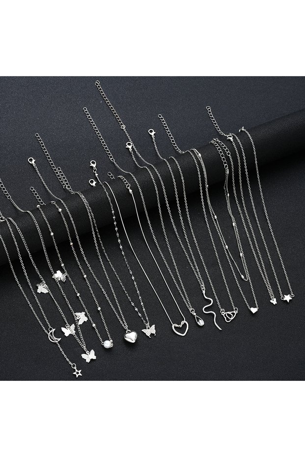 AYASilver Color 12 Pcs Heart Pendant Necklaces Set for Women Simple Butterfly Star Moon Heart Design