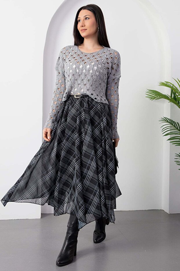 Dilimli Ekose Şifon Etek DKS1378 - 4