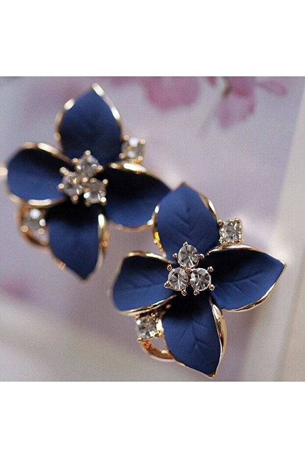 Blue New Elegant and Noble Earrings Blue Flower Crystal Camellia Earrings Ladies Simple Christmas Ea