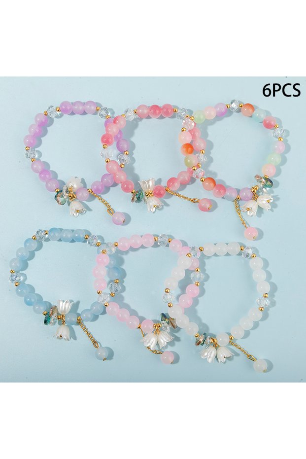 style 2 6pcs/set Flower Butterfly Charms Bracelet Elastic Bracelet Colorful Glass Beads Bracelet For