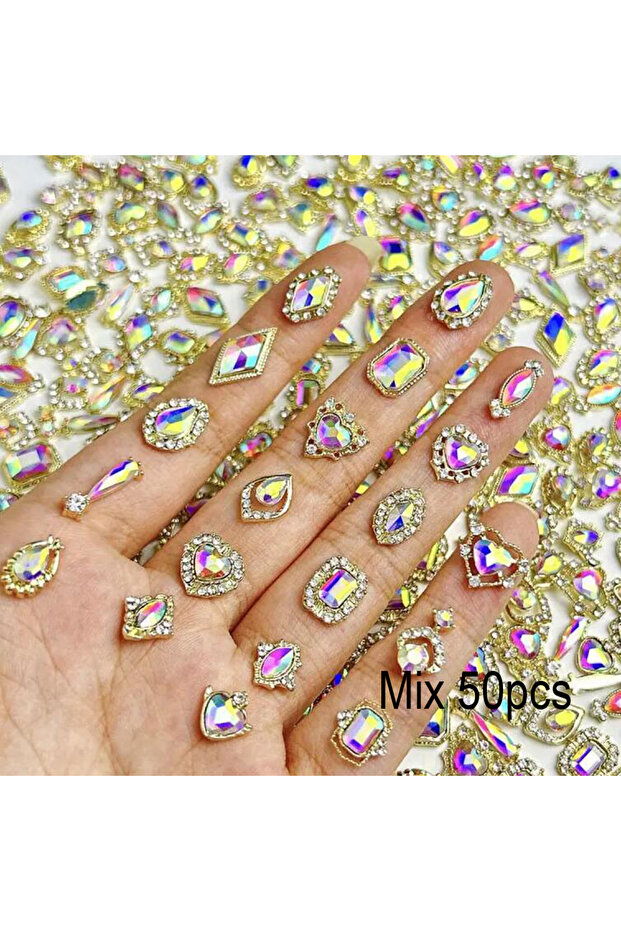 mix-50pcs 50Pcs 3D Mixed Luxury AB Alloy Nail Art Charms with Heart/Drop/Square/Rhombic Gem Nails De