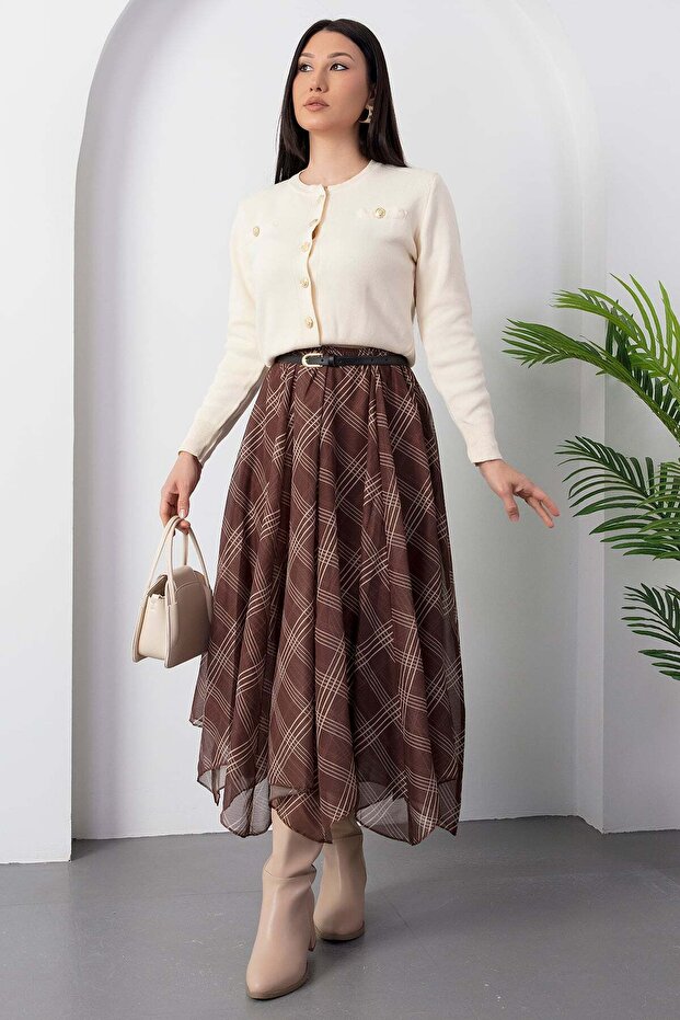 Dilimli Ekose Şifon Etek DKS1378 - 3