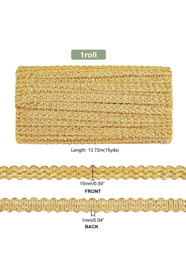 AECH02-17915 1Roll 15 Yards Golden Braid Lace Trim 15mm Wavy Woven Lace Ribbon Filigree Gimp Braid T