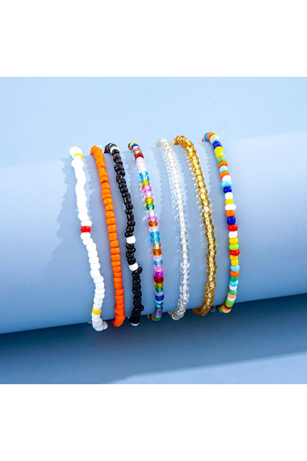Multicolor 7Pcs/Set New Handmade Beaded Anklet Bracelets Rainbow Color Elastic Ankle Bracelet On The