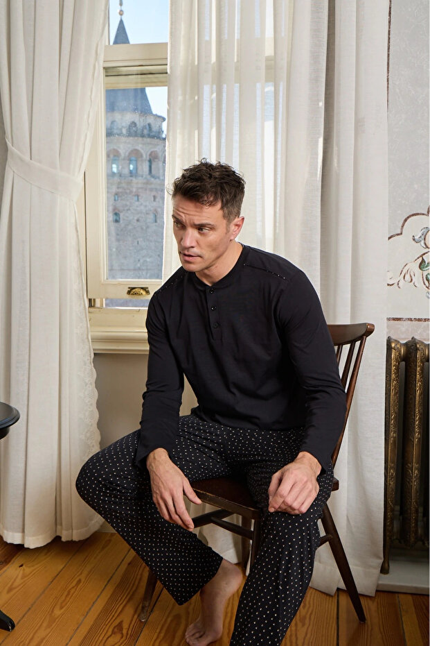 Men's Combed Cotton Buttoned Collar Black Pajama Set