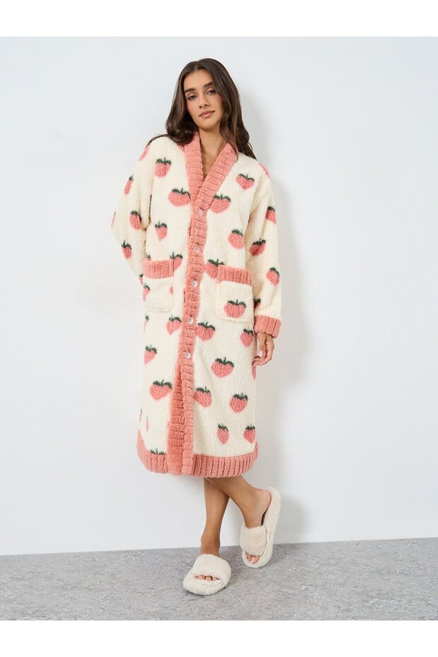 Women Strawberry Graphic Printed Button Front Robe