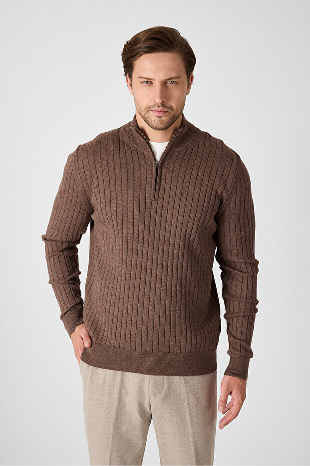 Romulo Men's Brown Cotton Italian F Corded Fabric Half Zip D Mock Neck Regular Fit Sweater