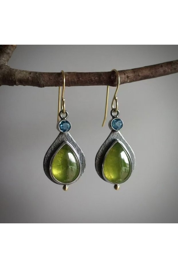 WB6461-1 Boho-Chic Olive Green Cubic Zirconia Drop Earrings - Vintage Silver Color, Perfect for Wedd