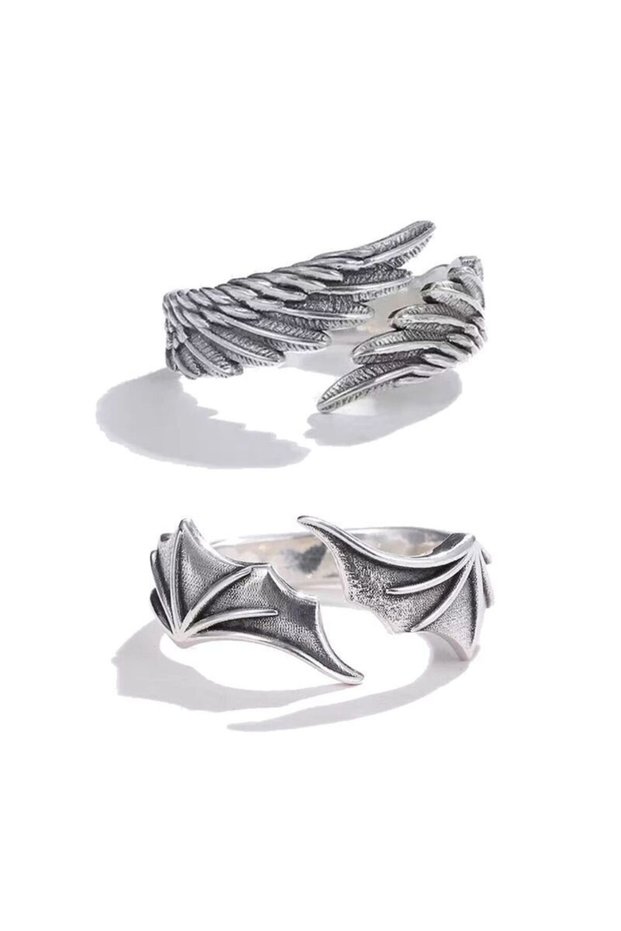 2 1 2pcs/pack Vintage Angel Wing Demon Eye Hip Hop Adjustable Couples Rings for Men Women Retro Silv