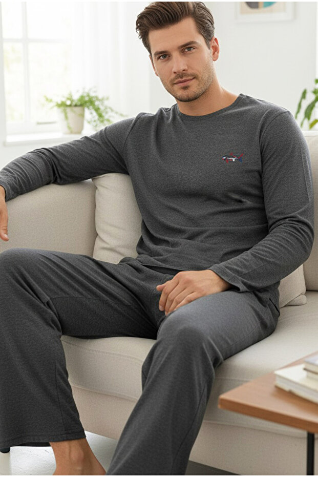 Smoked Long Sleeve Embroidered Knitted Men's Pajama Set7795