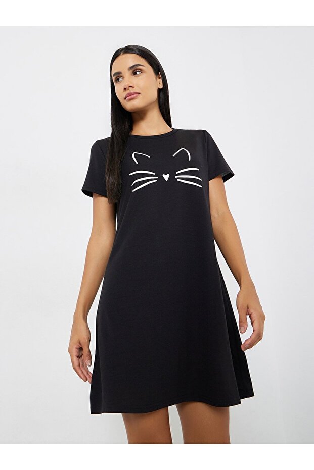 Graphic Cat Print Sleep T-Shirt Dress