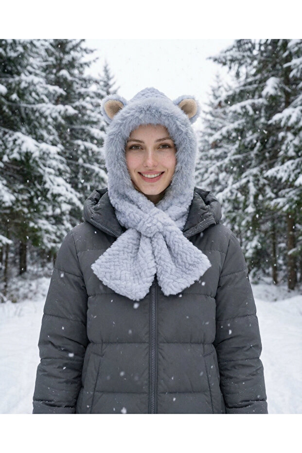 Plush Hooded Beanie with Ear Detail