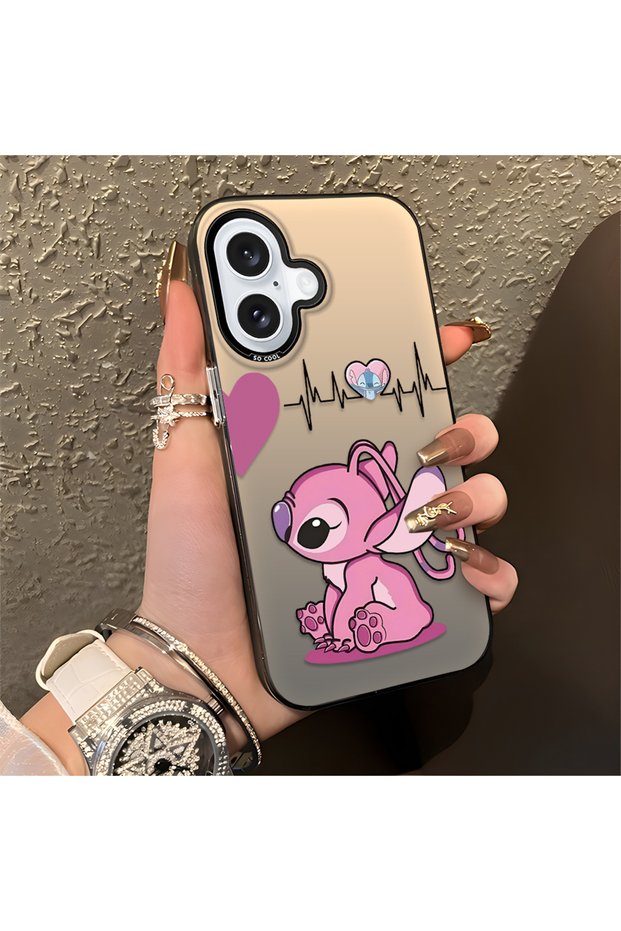 iPhone 16 Compatible Stitch Couple Pattern Case Silicone Edge Hard Back Anti-Fall