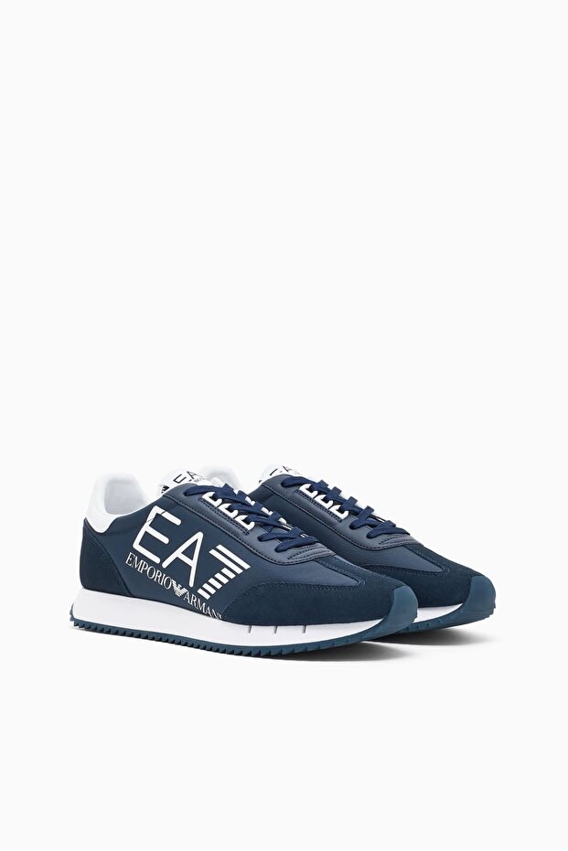 Men's Lace-Up Sneaker with Large Logo and Suede Detail - Navy Blue