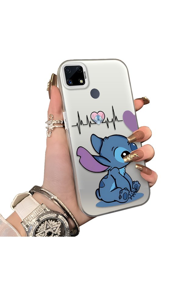 Realme C15/C25/C25S Compatible Stitch Pair Pattern Case Hard Acrylic Back Silicone Edge Lens Protection