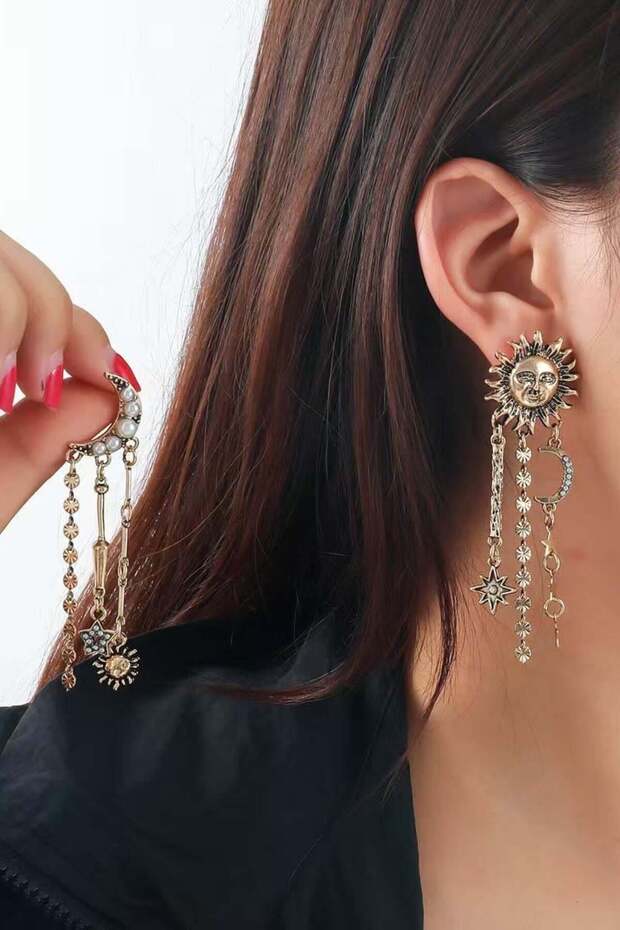 Gold Color Moon and Sun Figured Earrings (Pair)