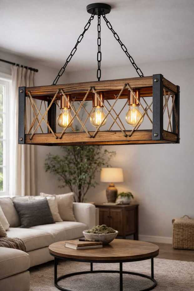 Rustik Ahşap Halatlı 3'lü Sarkıt Avize - 3