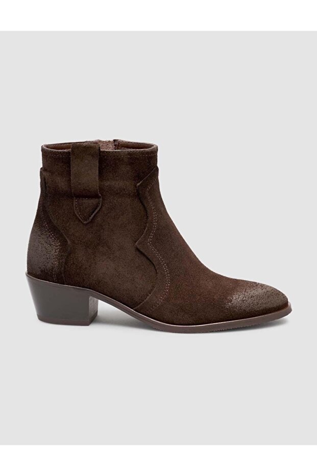 Suede Leather Brown Zippered Heeled Women's Western Boots