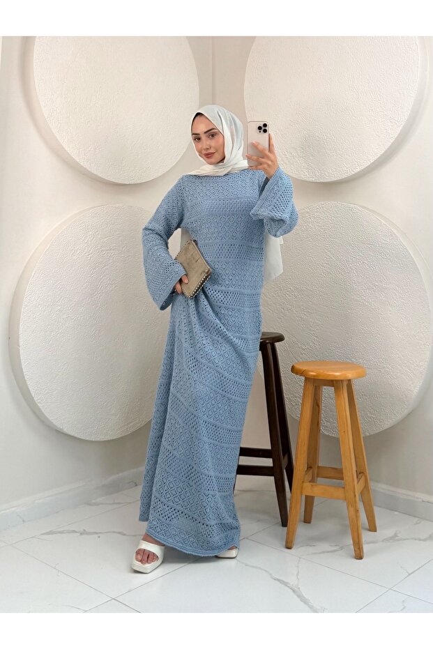 Fileli Örme Elbise-Mavi - 1