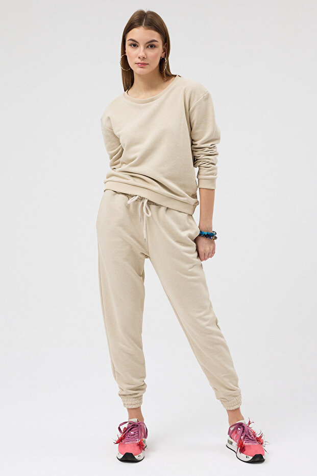 Women's 3 Thread Non-Shardon Cotton Beige Sweatpants