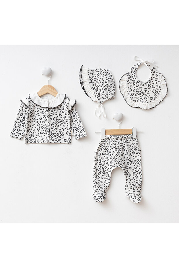 Leopard Patterned 4 Piece Newborn Hospital Discharge Set with Gloves