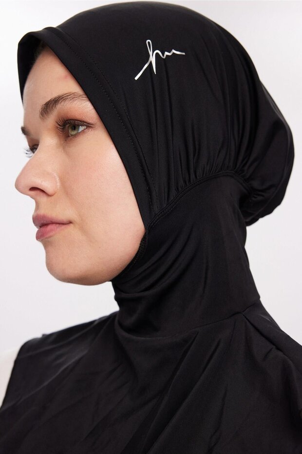 Black Hijab Swimming Cap with Gray Logo Detail 1006
