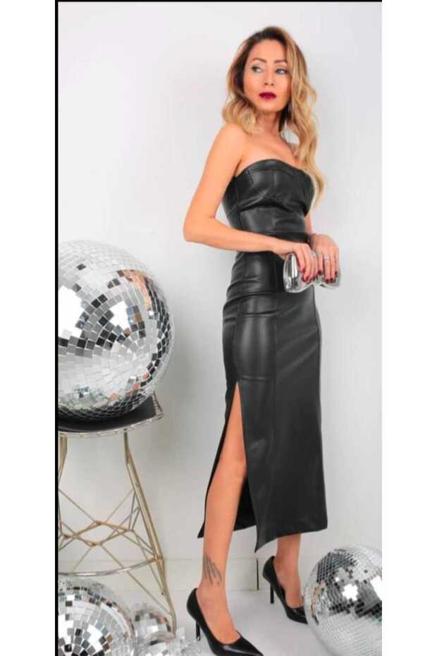 STRAPLEZ DERİ ELBİSE - 4