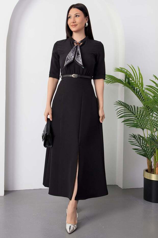 Fuları Kemerli Atlas Elbise DKS1366 - 1