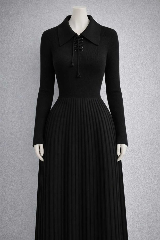 Women's Shirt Collar Long Sleeve Anti-Pilling Knitted Flared Vintage Long Dress