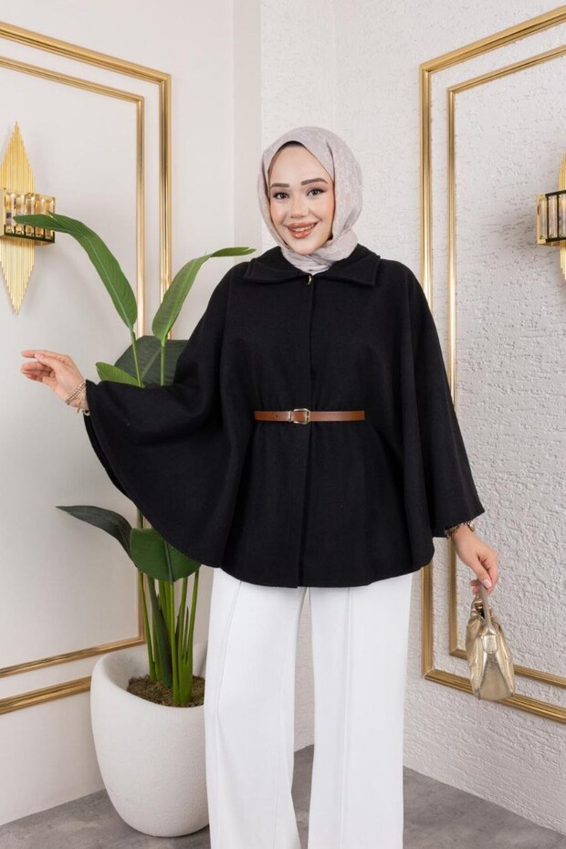 Women's Winter Trend Belted Black Cashmere Short Coat