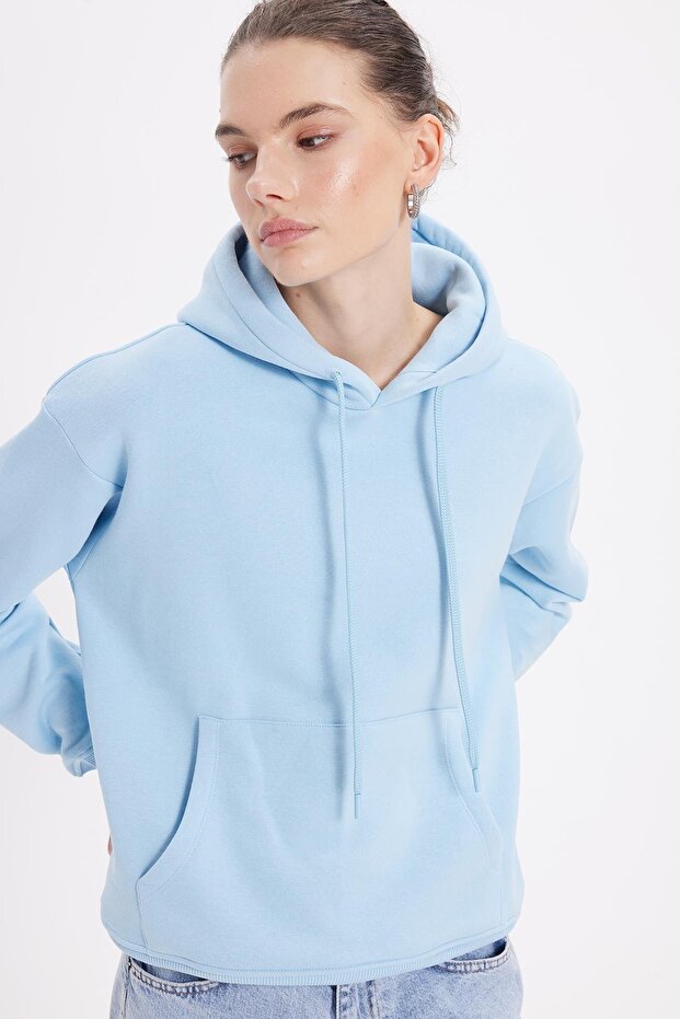 Women's Oversize Wide Cut Cotton Soft Textured Basic Blue Hooded Sweatshirt with Fleece Inside