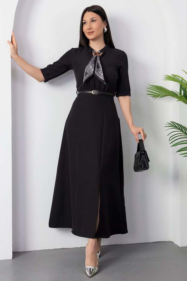 Fuları Kemerli Atlas Elbise DKS1366 - 5