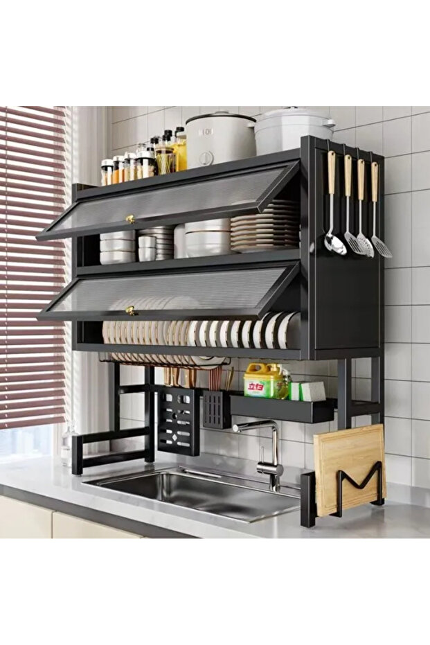 Multi-layer Organizer Cabinet 2 Layers Kitchen Drain Pipe Rack Carbon Steel Sink Drying Rack with Li
