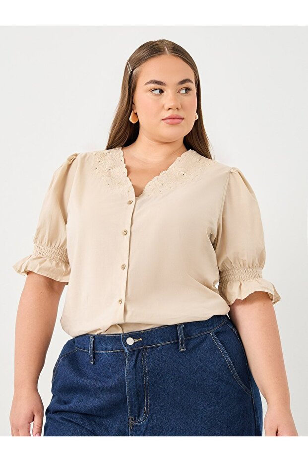 Plus Size Beige Embroidered Neckline Blouse