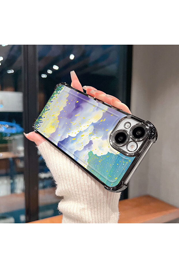 iPhone 15 Compatible Transparent Silicone Flutter Protective Case Colorful Cloud Patterns - 6