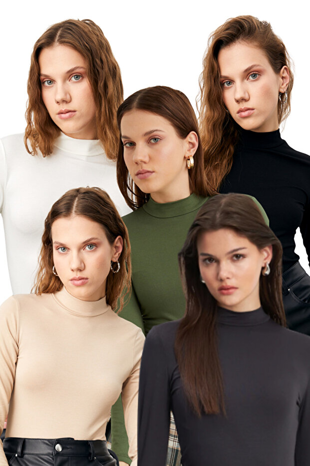 Women's Black Cream White Anthracite Khaki 5-Piece Half Turtleneck Basic Bodysuit