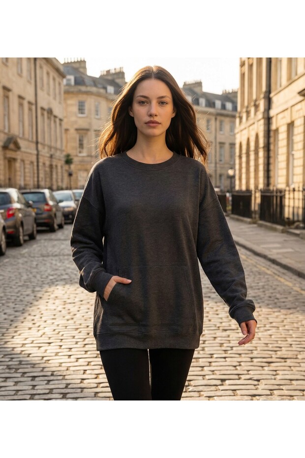 Antrasit Basic Oversize Kadın Sweatshirt - 2