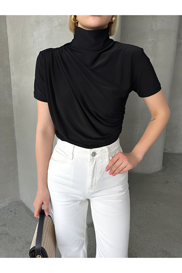 Women's Black Mock Neck Shirred Short Sleeve Sandy Fabric Blouse