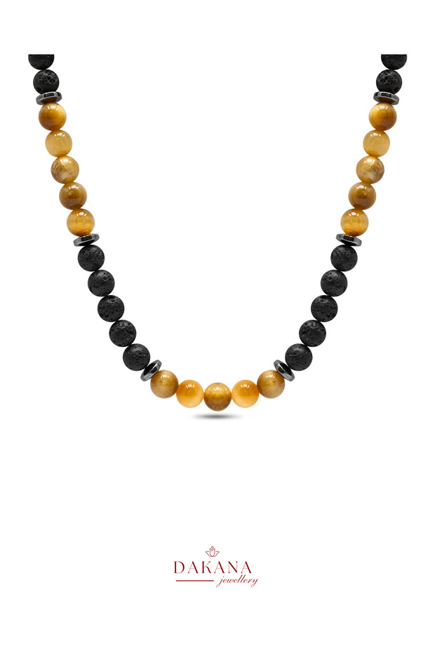 Certified Honey Tiger Eye Hematite and Lava Stone 8 mm Men's Natural Stone Necklace