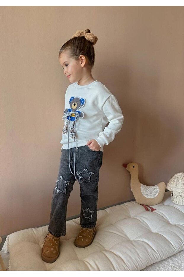 Teddy Bear Printed Rubber Waist Jeans Set