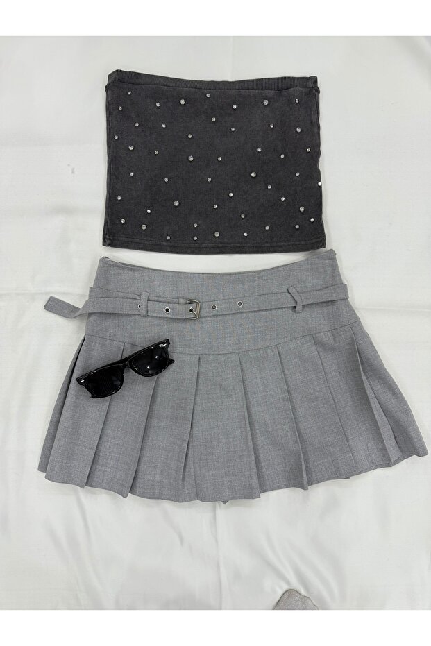 Gri pileli şort etek - 3