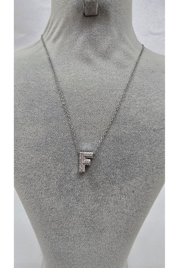 Stainless Steel Silver Color Zircon Stone Letter Necklace -F- Letter